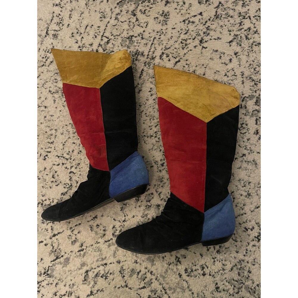 1980s Colorblock Leather upper Boots Calf can fold over Size 9